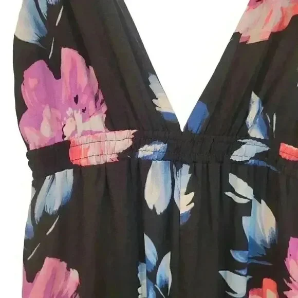 Aqua Women's Black Poly Bright Floral Deep V Front & Back Sleeveless Jumpsuit Ro - Picture 7 of 13